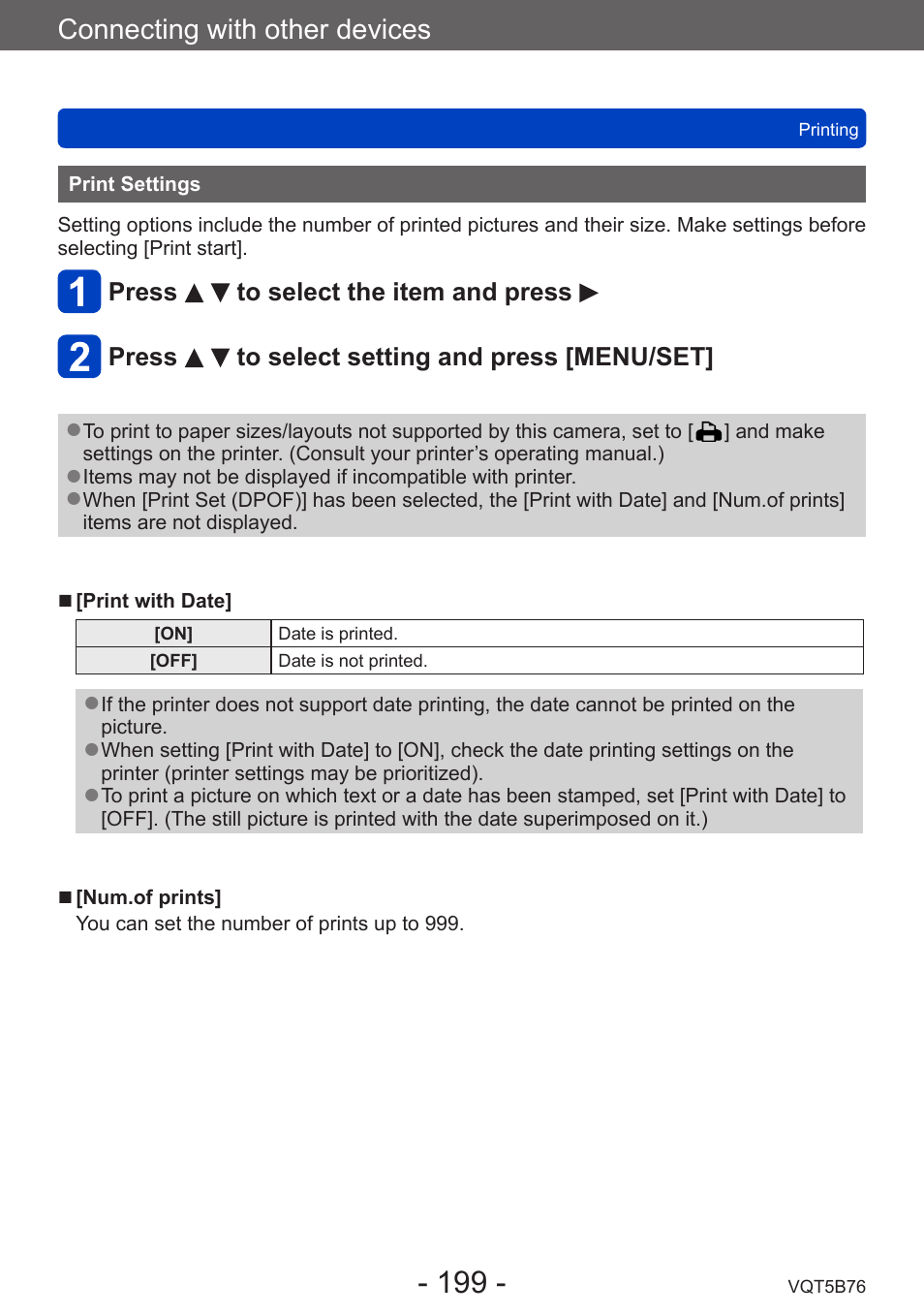 Print settings, Connecting with other devices | Panasonic DMC-FZ70K User Manual | Page 199 / 226