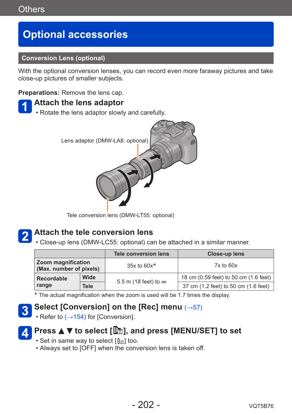 Others, Optional accessories, Conversion lens (optional) | Attach the lens adaptor, Attach the tele conversion lens, Select [conversion] on the [rec] menu, Press to select [ ], and press [menu/set] to set | Panasonic DMC-FZ70K User Manual | Page 202 / 226