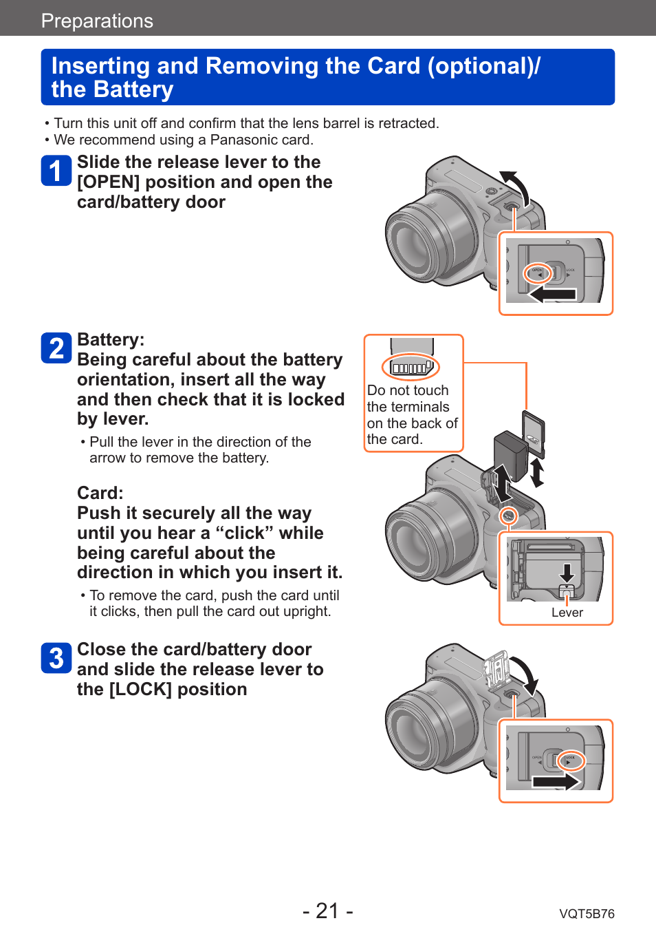 Inserting and removing the card, Optional)/the battery | Panasonic DMC-FZ70K User Manual | Page 21 / 226