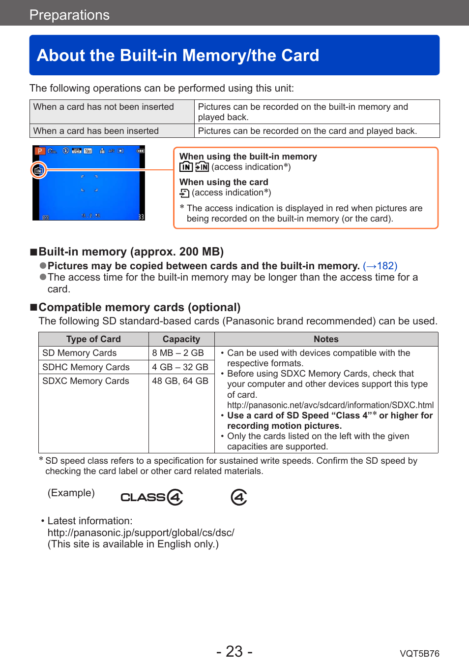 About the built-in memory/the card, Preparations | Panasonic DMC-FZ70K User Manual | Page 23 / 226