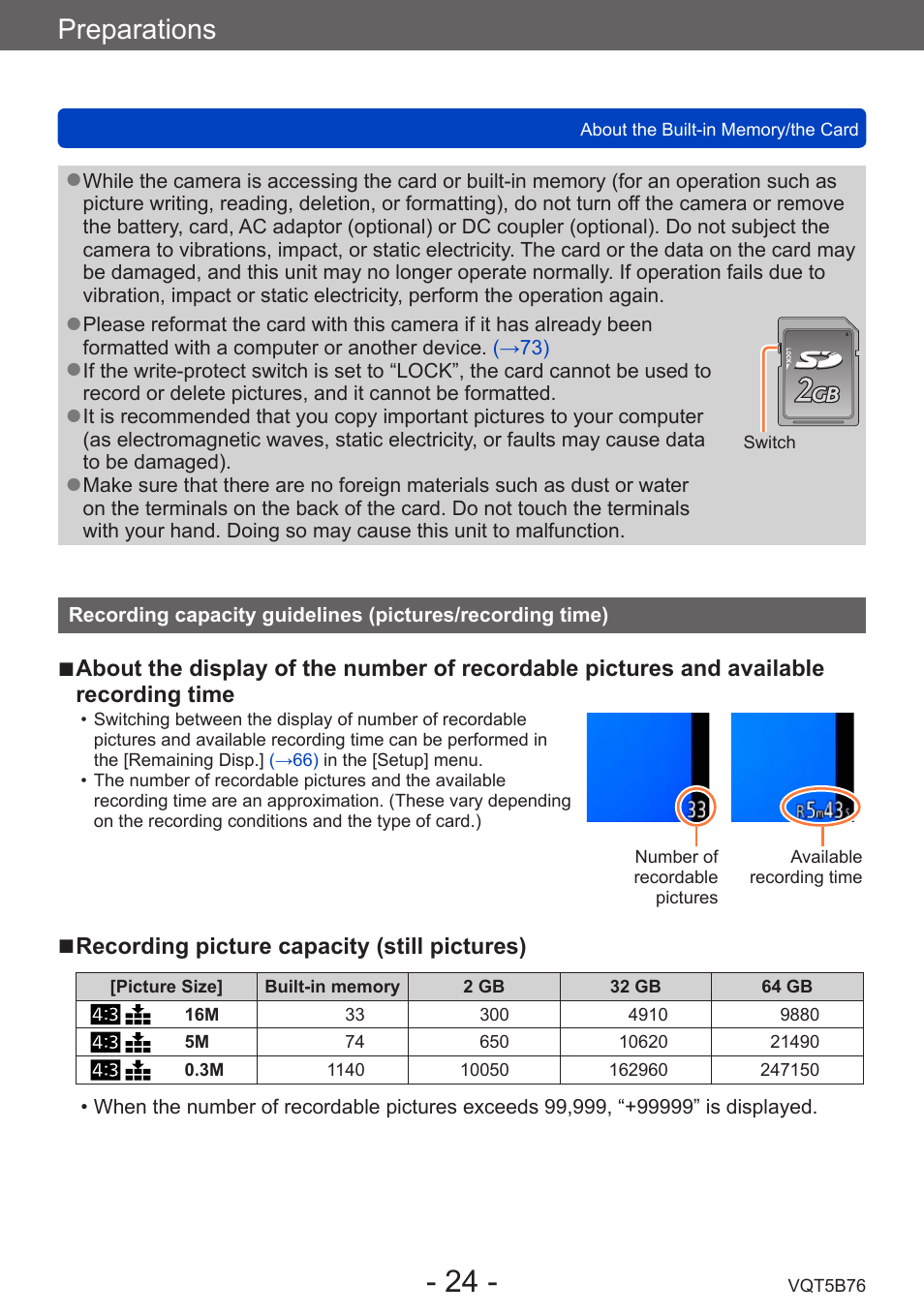 Recording capacity guidelines, Pictures/recording time), Preparations | Panasonic DMC-FZ70K User Manual | Page 24 / 226
