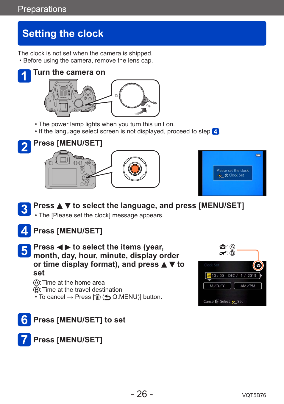 Setting the clock, Preparations | Panasonic DMC-FZ70K User Manual | Page 26 / 226