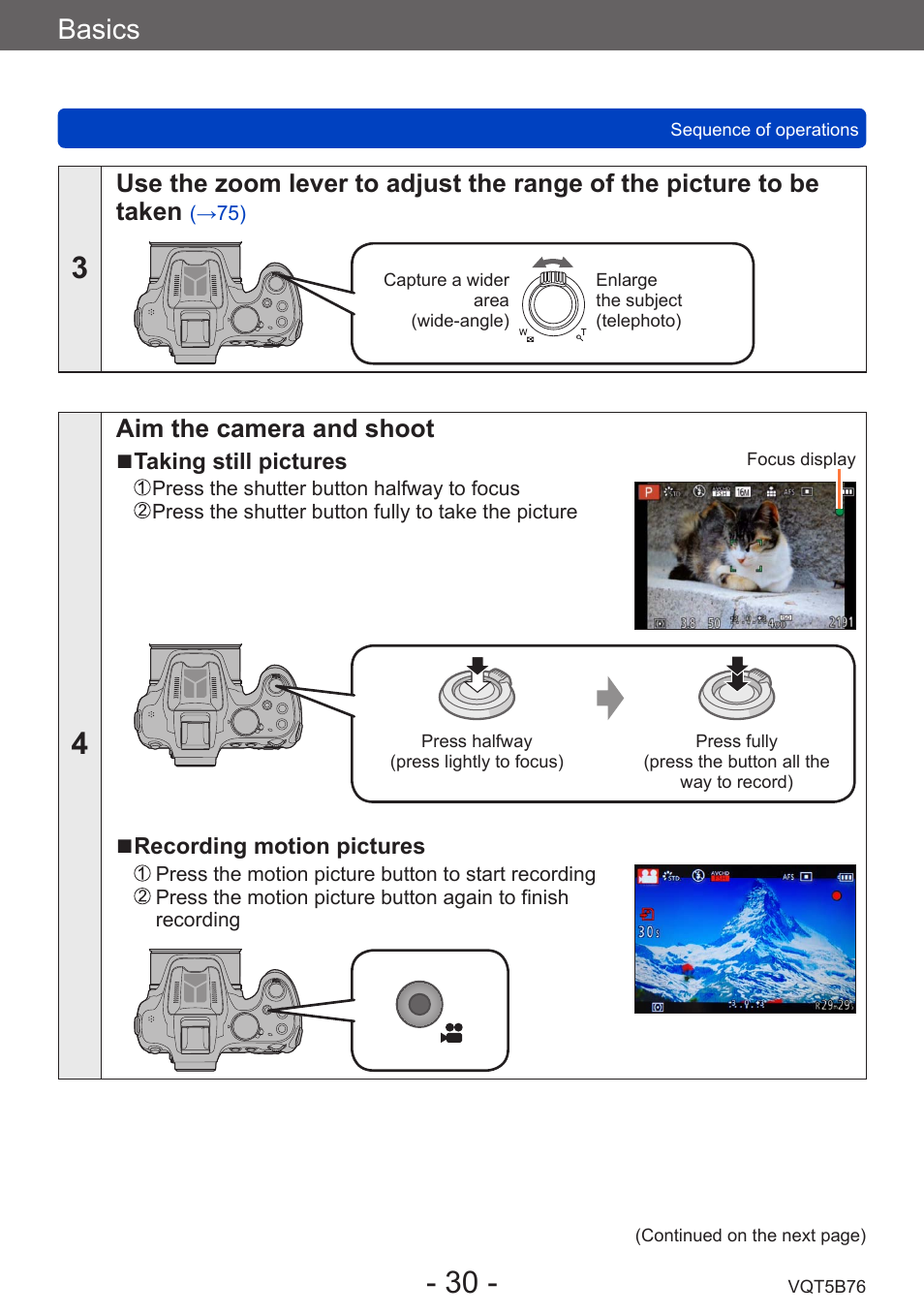 Basics, Aim the camera and shoot | Panasonic DMC-FZ70K User Manual | Page 30 / 226