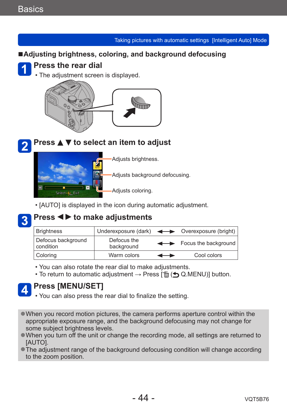 Basics, Press the rear dial, Press to select an item to adjust | Press to make adjustments, Press [menu/set | Panasonic DMC-FZ70K User Manual | Page 44 / 226