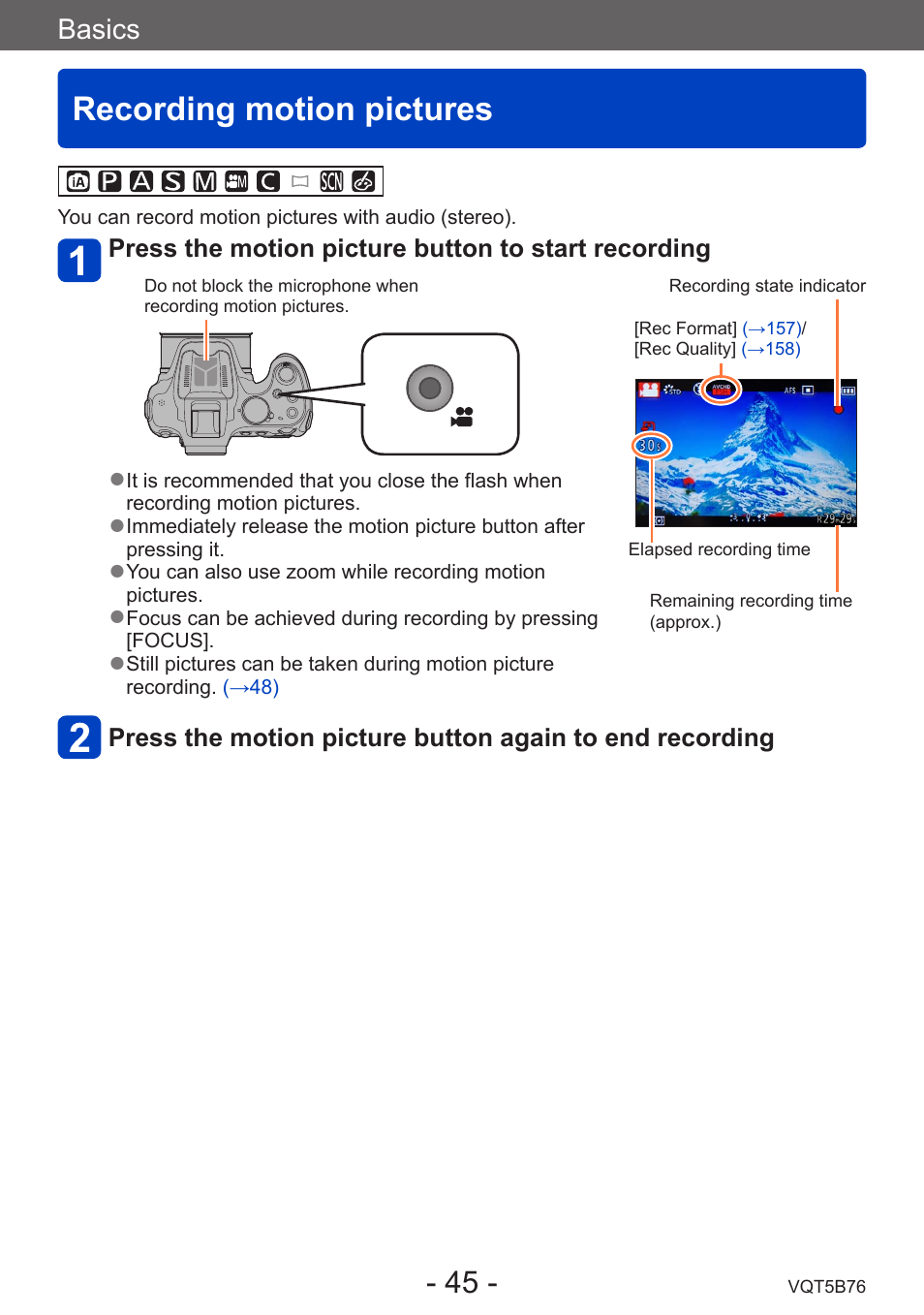 Recording motion pictures, Basics | Panasonic DMC-FZ70K User Manual | Page 45 / 226