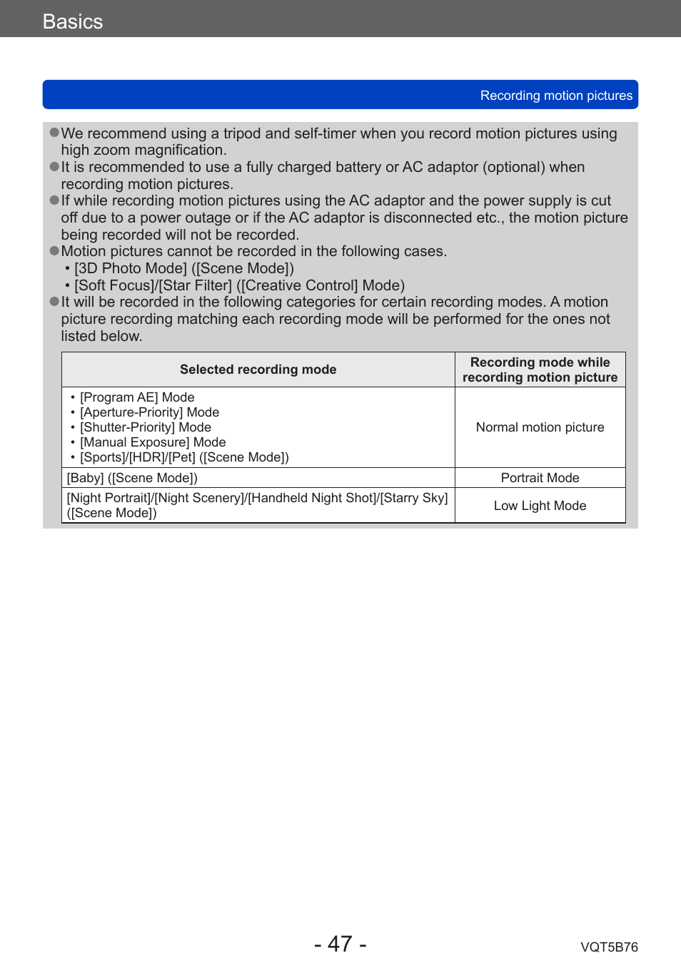 Basics | Panasonic DMC-FZ70K User Manual | Page 47 / 226