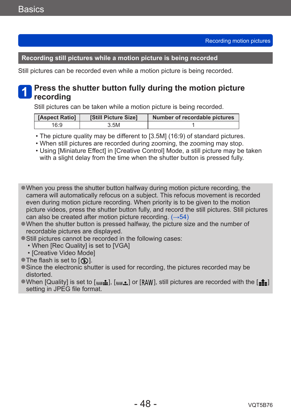 Recording still pictures while a motion, Picture is being recorded, Basics | Panasonic DMC-FZ70K User Manual | Page 48 / 226