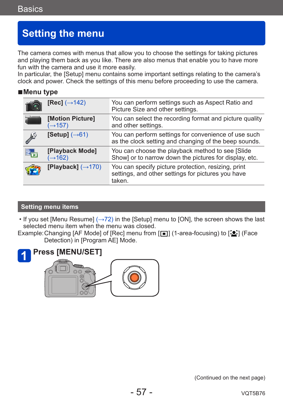 Setting the menu, Setting menu items, Basics | Press [menu/set | Panasonic DMC-FZ70K User Manual | Page 57 / 226