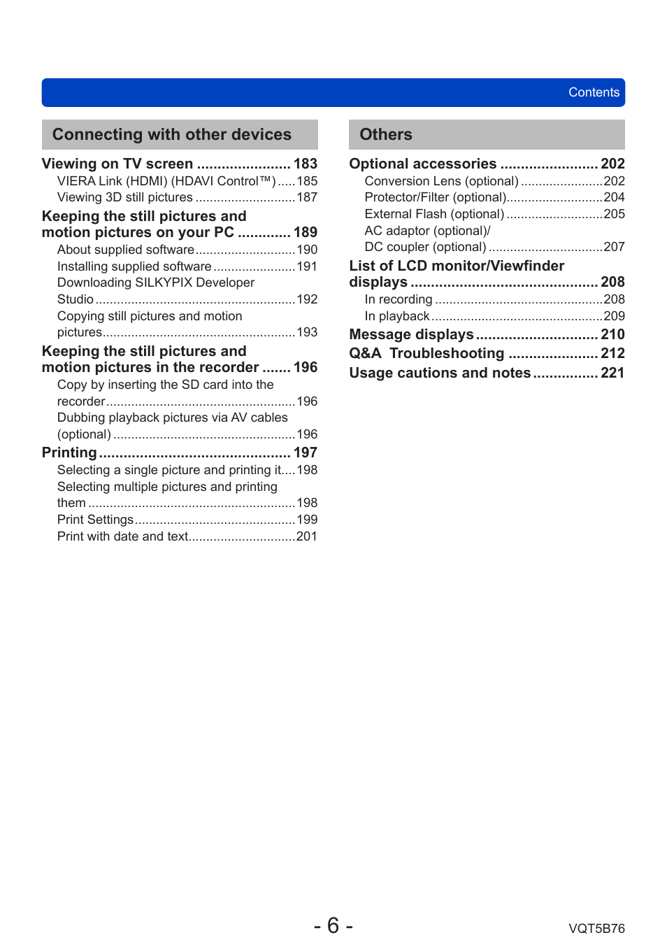 Connecting with other devices, Others | Panasonic DMC-FZ70K User Manual | Page 6 / 226