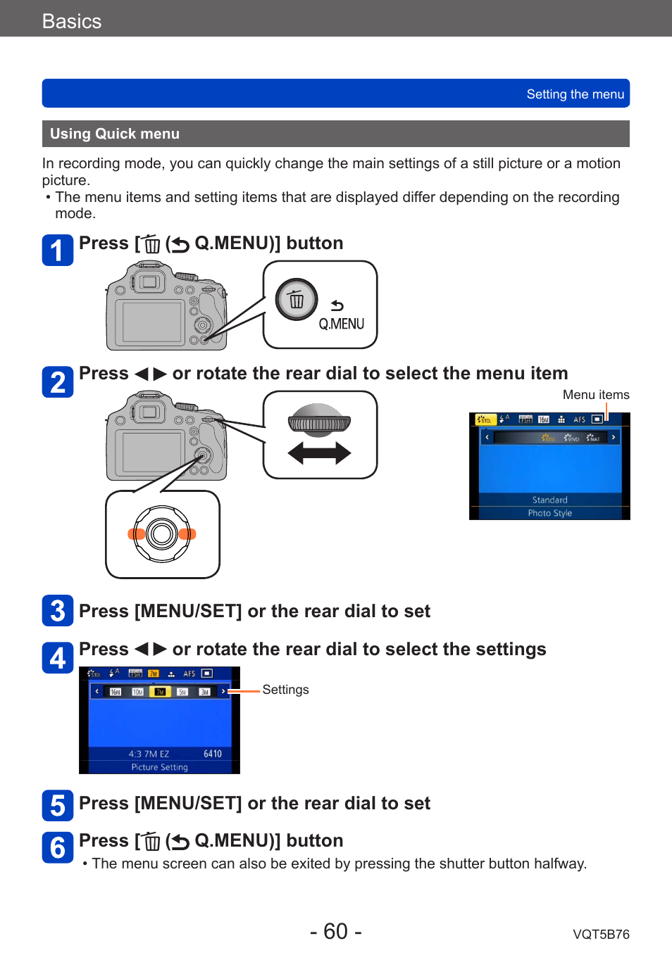 Using quick menu, Basics | Panasonic DMC-FZ70K User Manual | Page 60 / 226