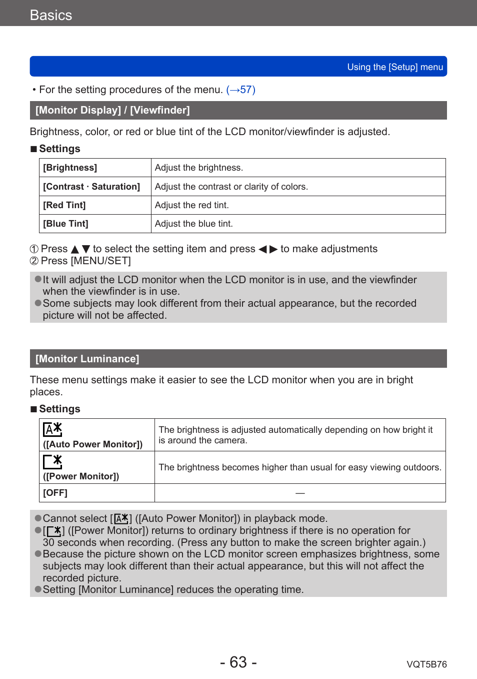 Monitor display] / [viewfinder, Monitor luminance, Basics | Panasonic DMC-FZ70K User Manual | Page 63 / 226