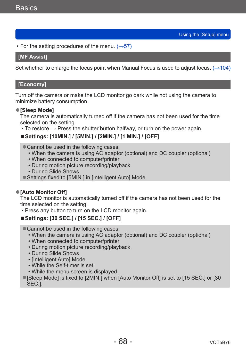 Mf assist, Economy, Basics | Panasonic DMC-FZ70K User Manual | Page 68 / 226