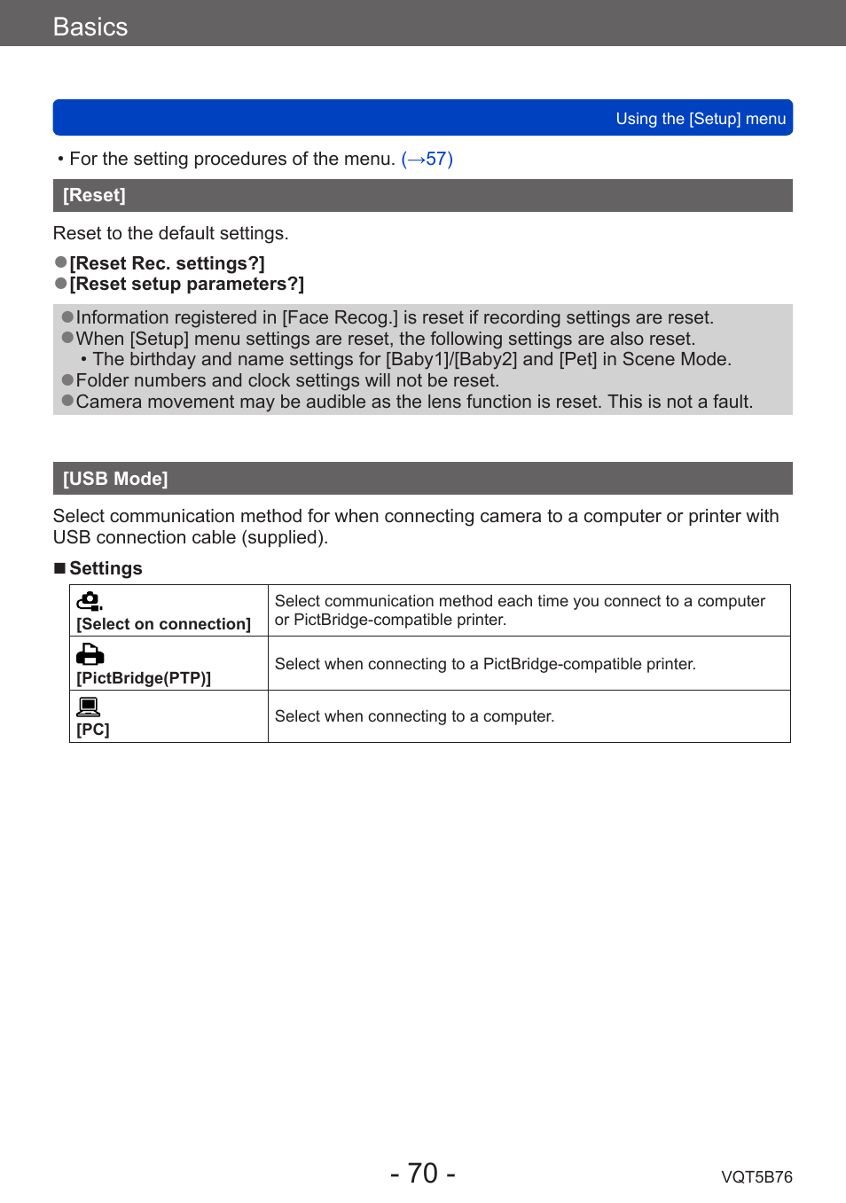 Reset, Usb mode, Basics | Panasonic DMC-FZ70K User Manual | Page 70 / 226