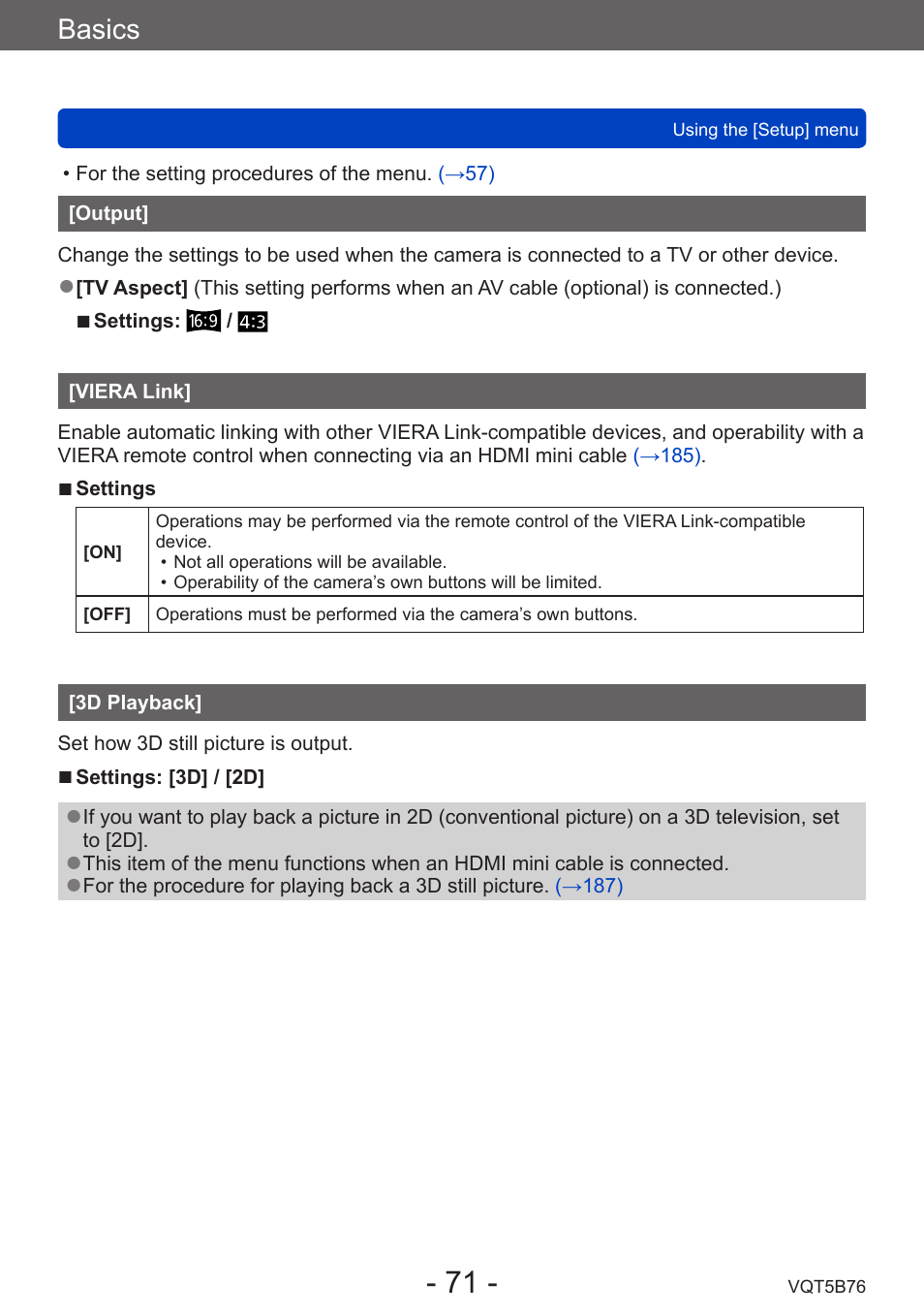 Output, Viera link, 3d playback | Basics | Panasonic DMC-FZ70K User Manual | Page 71 / 226