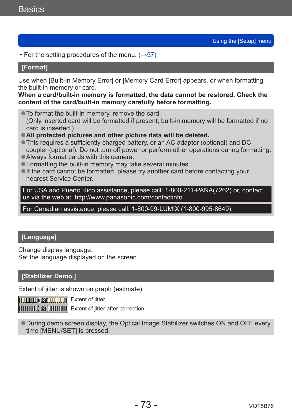 Format, Language, Stabilizer demo | Basics | Panasonic DMC-FZ70K User Manual | Page 73 / 226