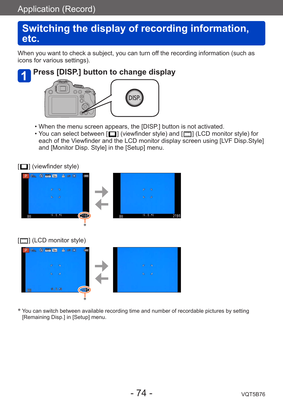 Application (record), Switching the display of recording, Information, etc | Panasonic DMC-FZ70K User Manual | Page 74 / 226