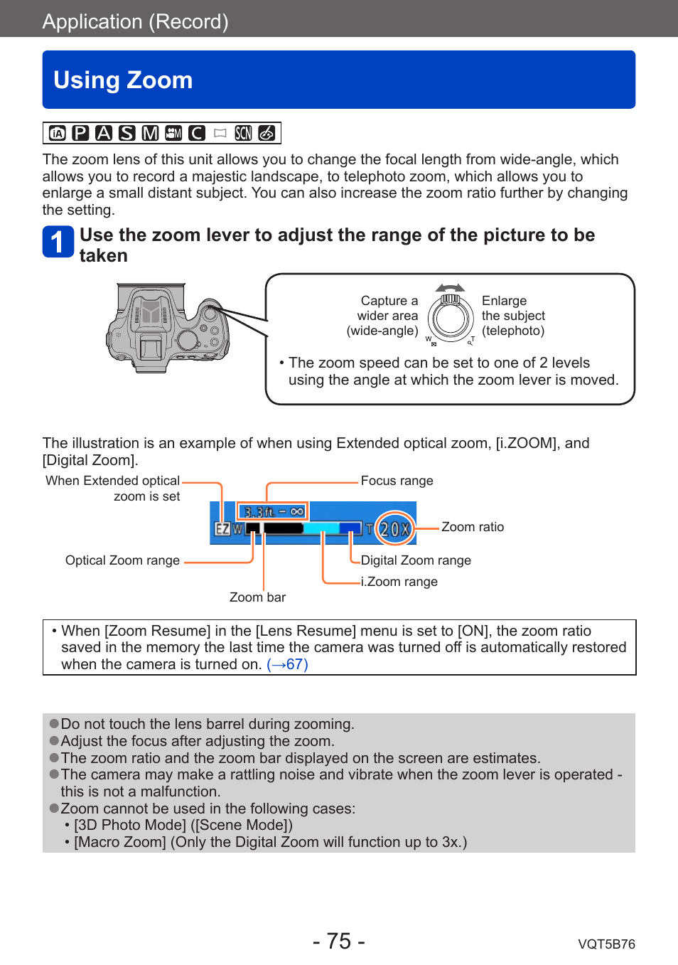 Using zoom, Application (record) | Panasonic DMC-FZ70K User Manual | Page 75 / 226