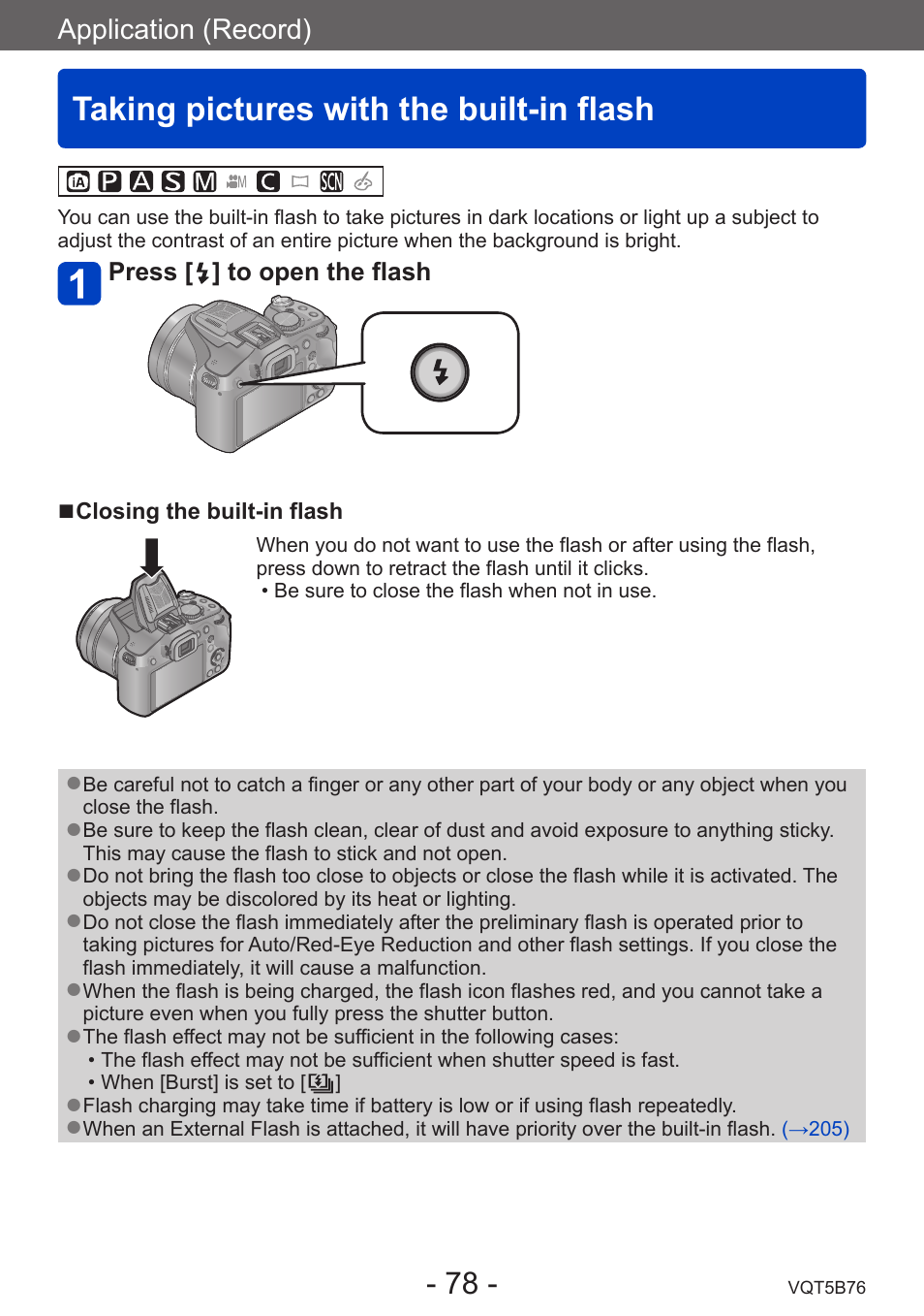Taking pictures with the built-in flash, Taking pictures with the, Built-in flash | Panasonic DMC-FZ70K User Manual | Page 78 / 226