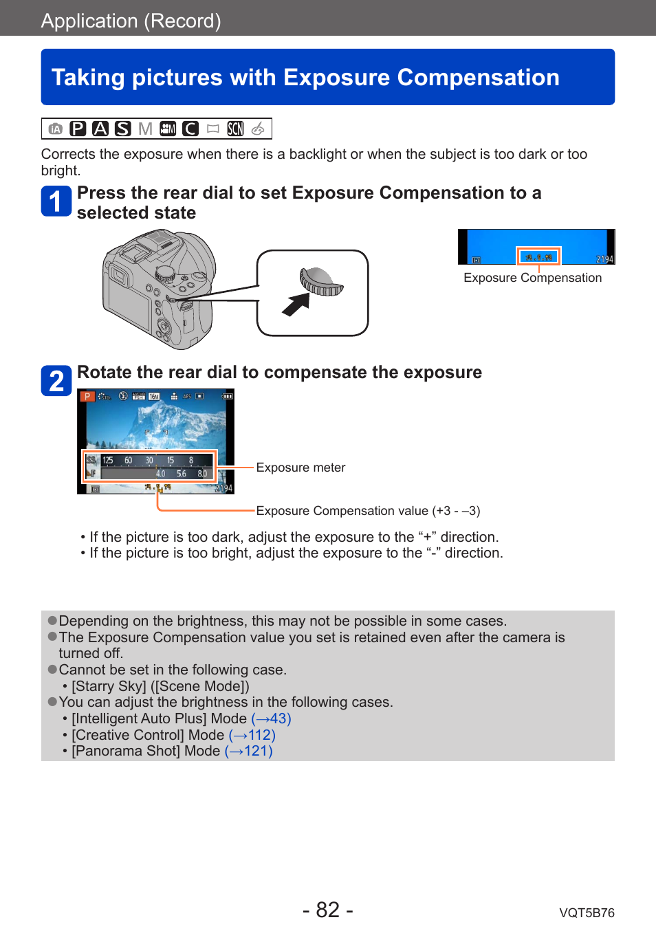 Taking pictures with exposure compensation, Taking pictures with exposure, Compensation | Application (record) | Panasonic DMC-FZ70K User Manual | Page 82 / 226