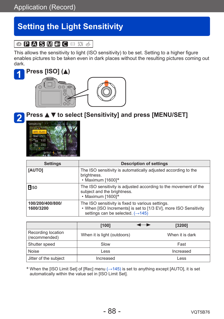 Setting the light sensitivity, Application (record) | Panasonic DMC-FZ70K User Manual | Page 88 / 226
