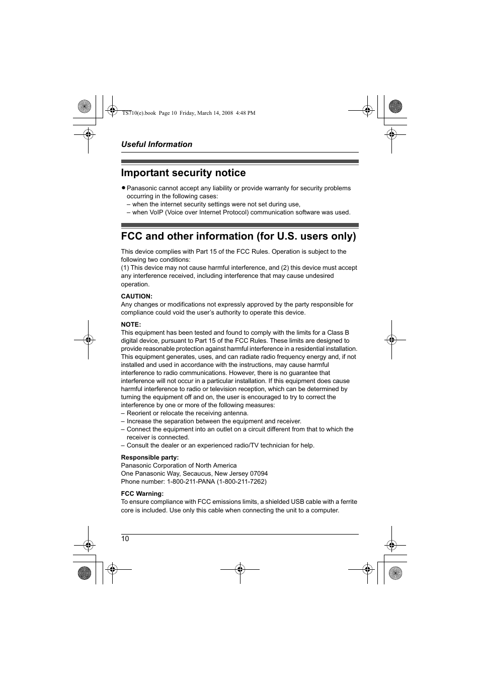 Important security notice, Fcc and other information (for u.s. users only) | Panasonic KX-TS710S User Manual | Page 10 / 16