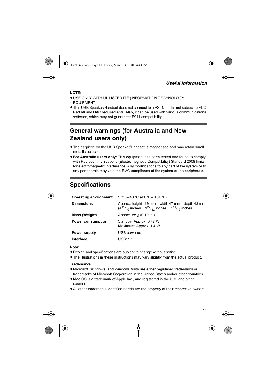 Specifications | Panasonic KX-TS710S User Manual | Page 11 / 16