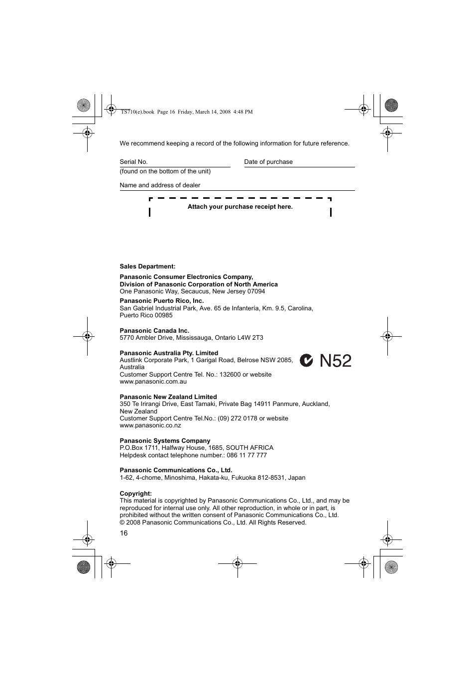 Panasonic KX-TS710S User Manual | Page 16 / 16