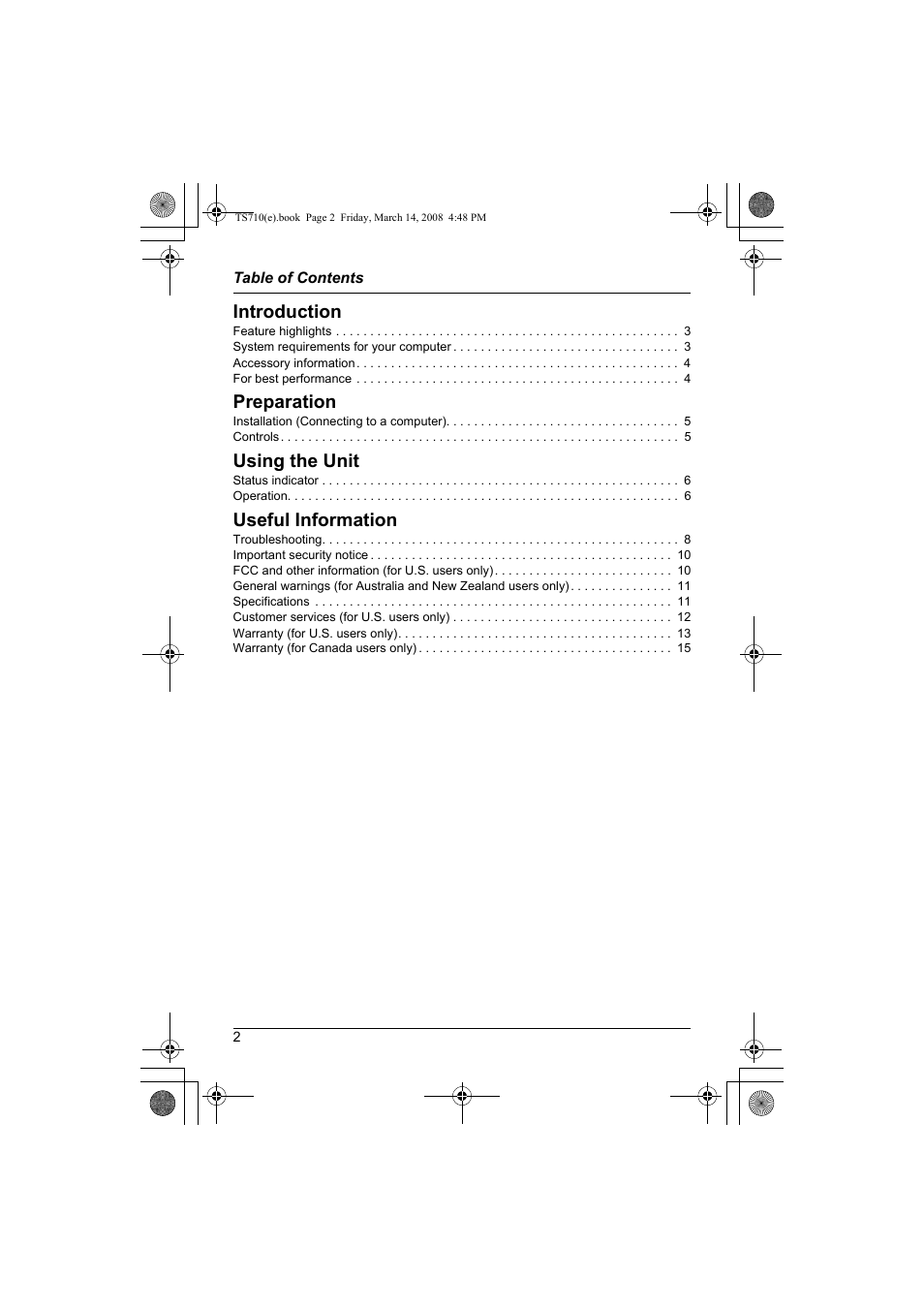 Introduction, Preparation, Using the unit | Useful information | Panasonic KX-TS710S User Manual | Page 2 / 16