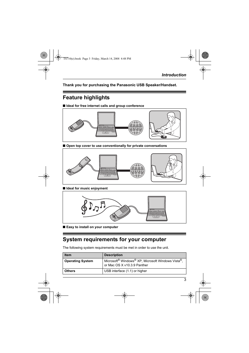 Introduction, Feature highlights, System requirements for your computer | Panasonic KX-TS710S User Manual | Page 3 / 16