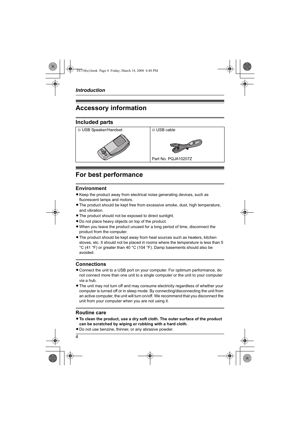 Accessory information for best performance, Accessory information, For best performance | Included parts | Panasonic KX-TS710S User Manual | Page 4 / 16