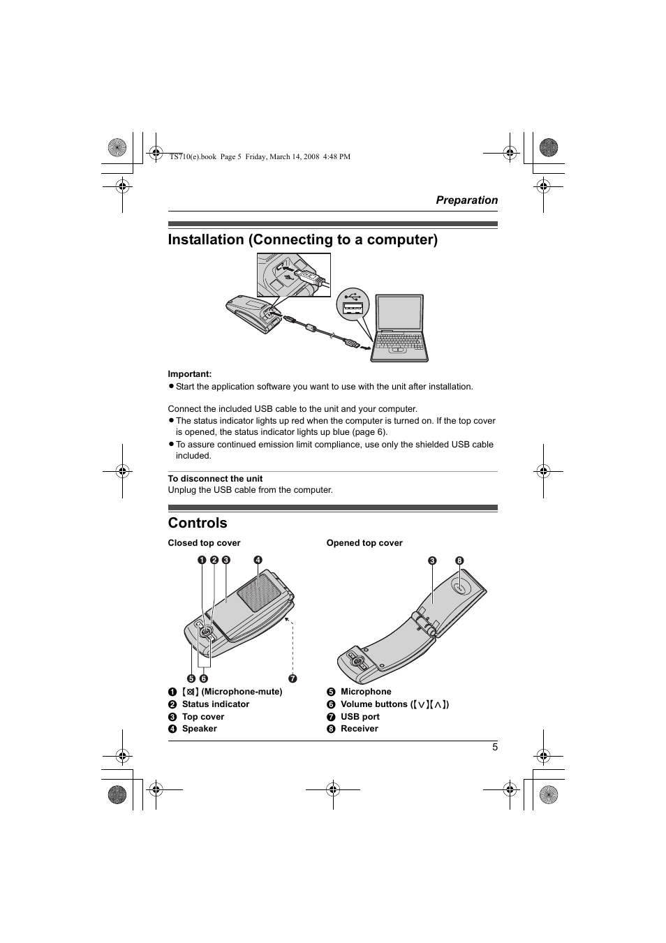 Preparation, Installation (connecting to a computer) controls, Installation (connecting to a computer) | Controls | Panasonic KX-TS710S User Manual | Page 5 / 16