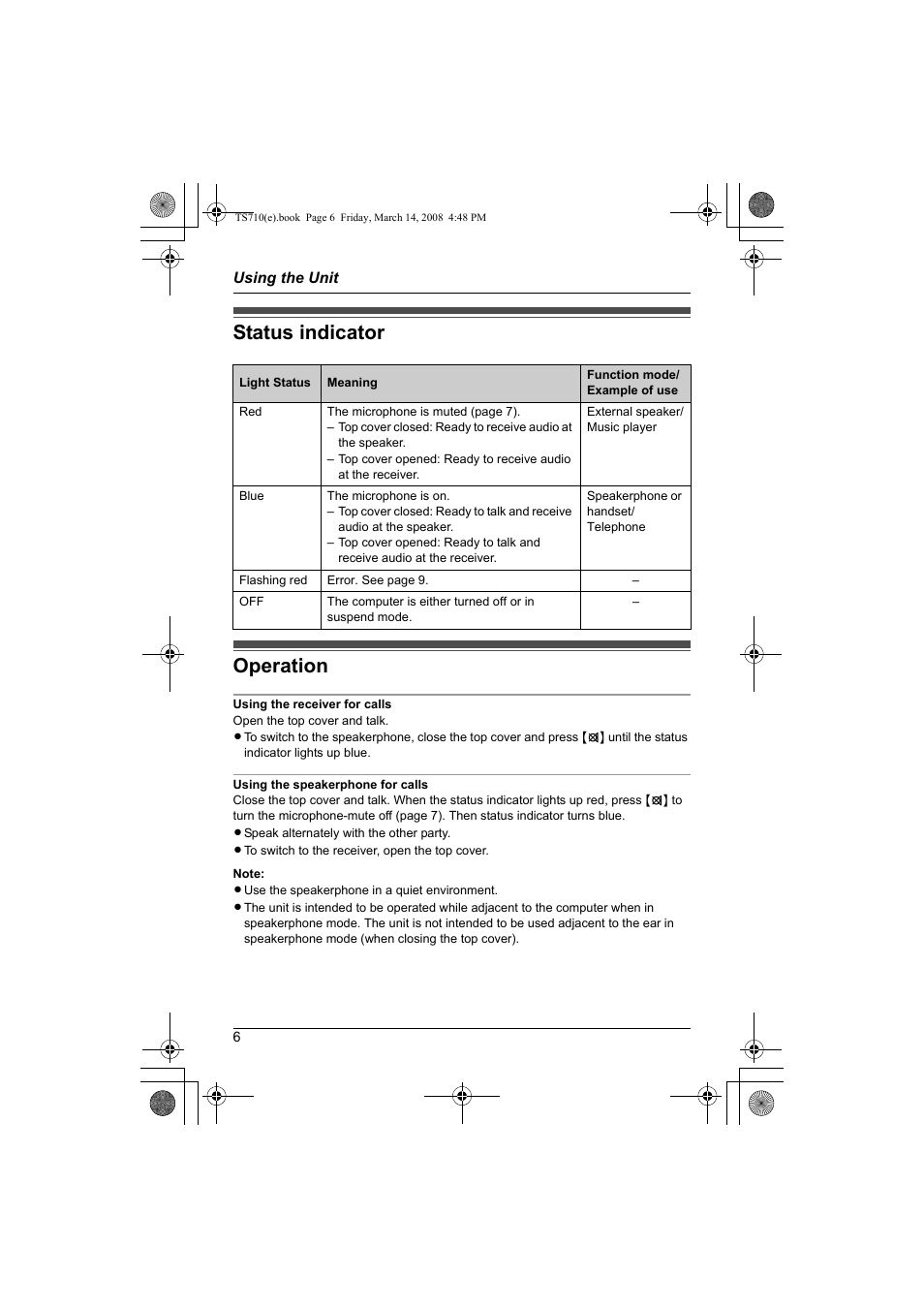 Using the unit, Status indicator operation | Panasonic KX-TS710S User Manual | Page 6 / 16