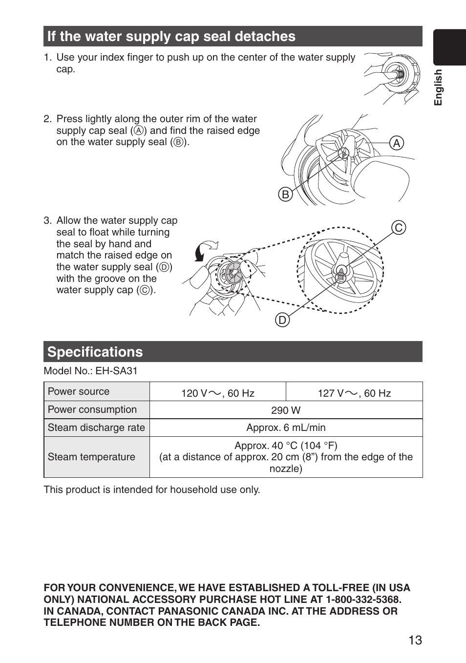 If the water supply cap seal detaches, Specifications | Panasonic EH-SA31VP User Manual | Page 13 / 40