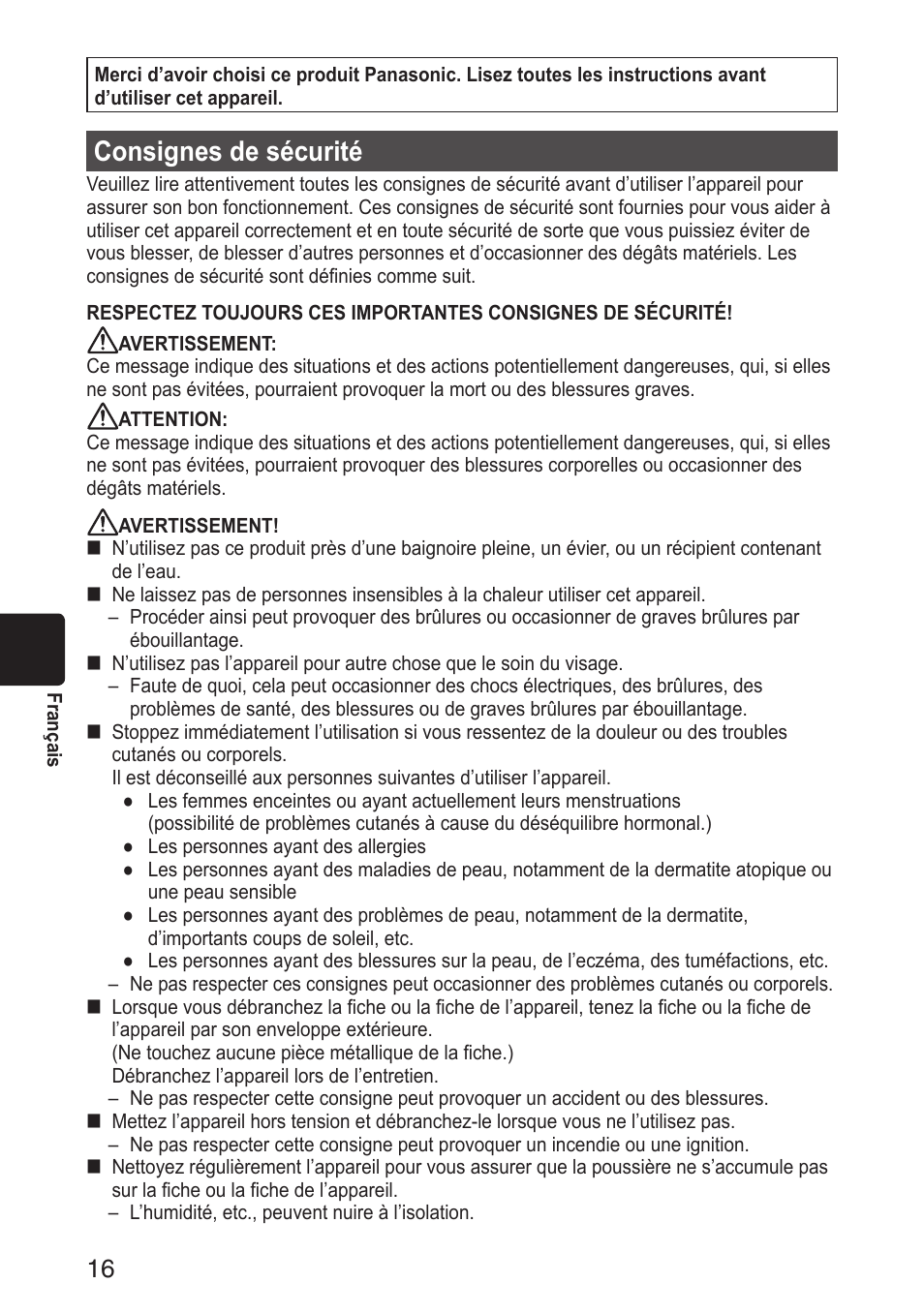 Consignes de sécurité | Panasonic EH-SA31VP User Manual | Page 16 / 40