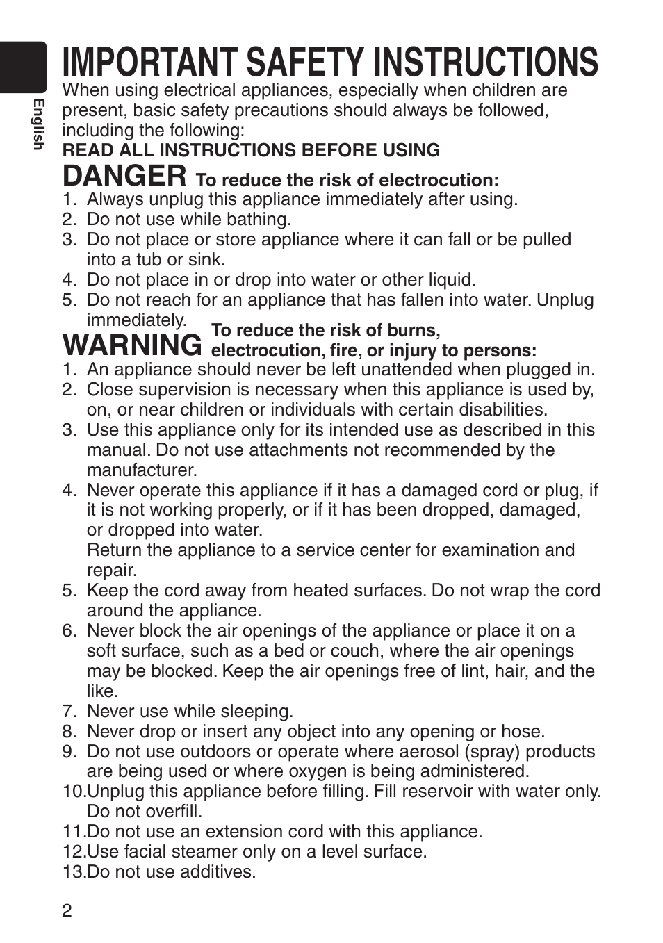 English, Important safety instructions, Danger | Warning | Panasonic EH-SA31VP User Manual | Page 2 / 40