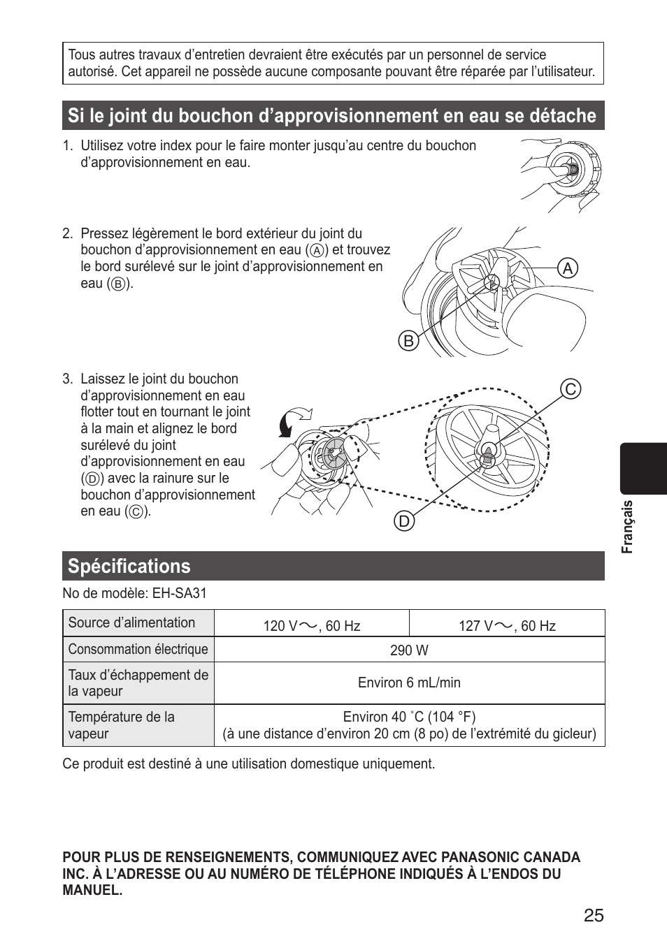 Spécifications | Panasonic EH-SA31VP User Manual | Page 25 / 40