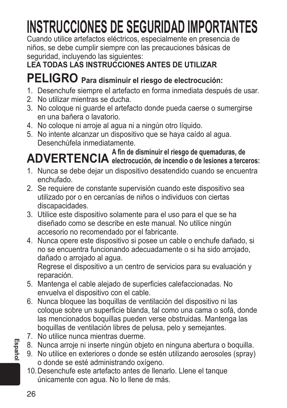 Español, Instrucciones de seguridad importantes, Peligro | Advertencia | Panasonic EH-SA31VP User Manual | Page 26 / 40