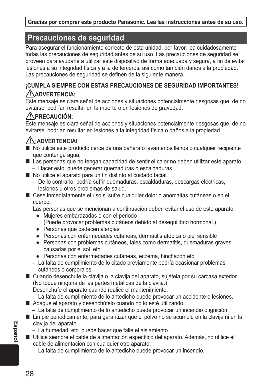 Precauciones de seguridad | Panasonic EH-SA31VP User Manual | Page 28 / 40