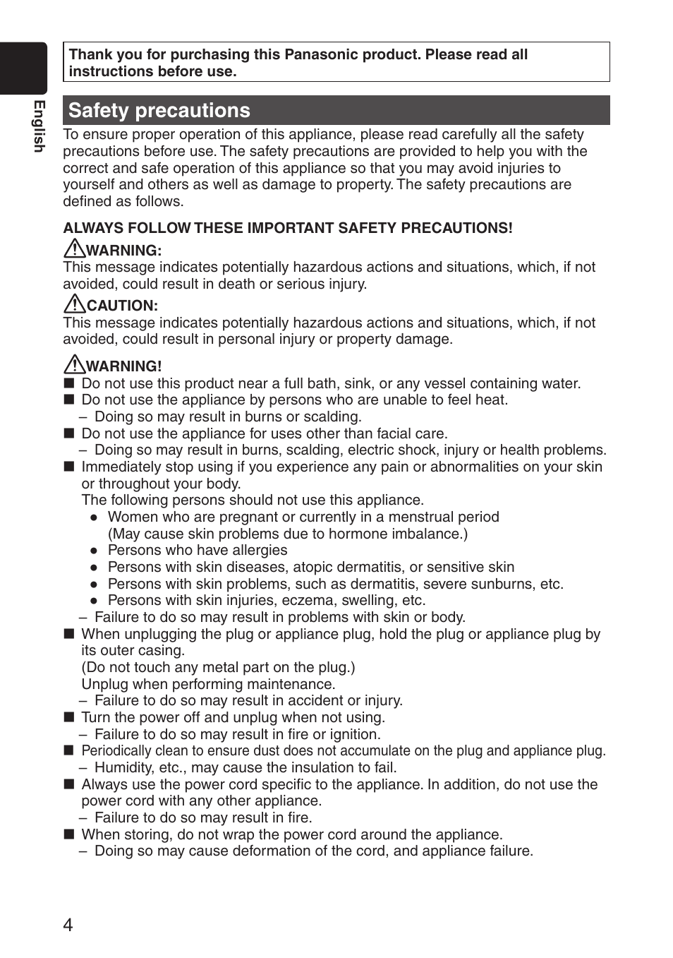 Safety precautions | Panasonic EH-SA31VP User Manual | Page 4 / 40