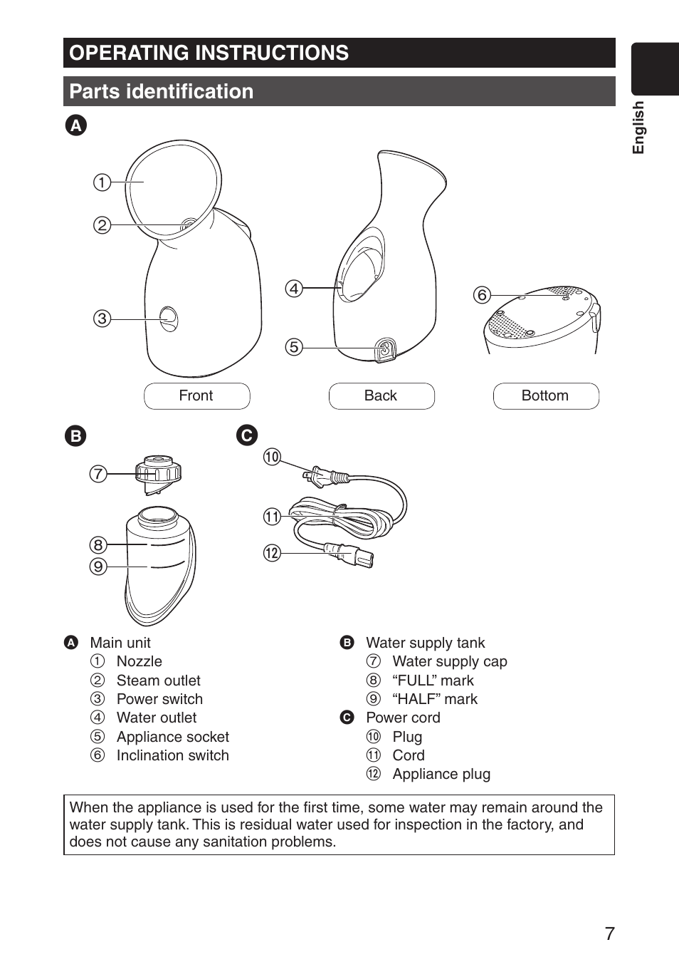 Operating instructions parts identification | Panasonic EH-SA31VP User Manual | Page 7 / 40