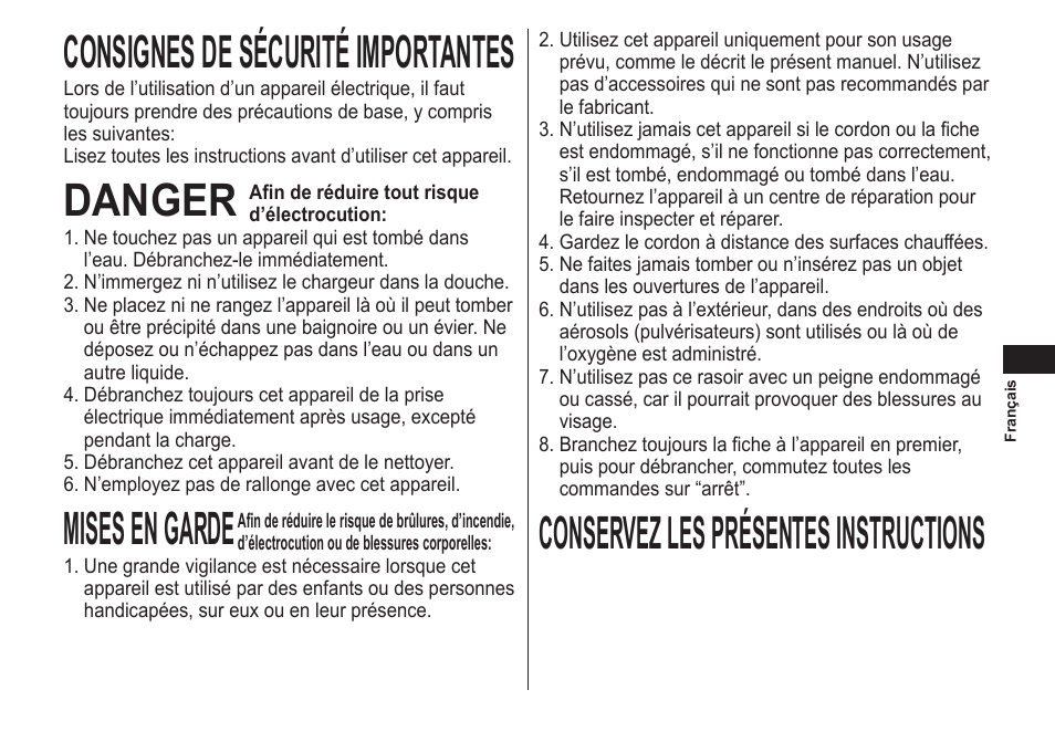Français, Consignesdesécuritéimportantes, Danger | Misesengarde, Conservezlesprésentesinstructions | Panasonic ER-GB40-S User Manual | Page 11 / 32