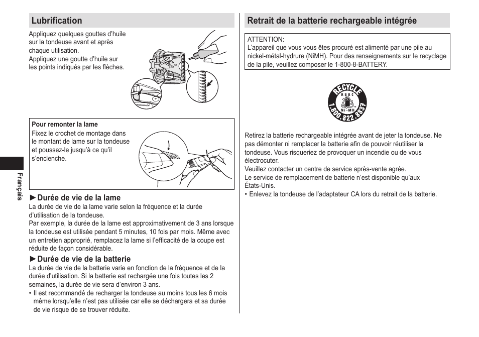 Lubrification, Retraitdelabatterierechargeableintégrée | Panasonic ER-GB40-S User Manual | Page 18 / 32