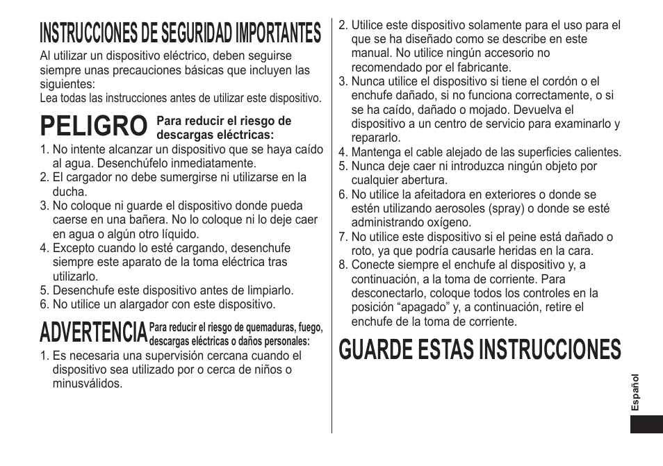 Español, Instruccionesdeseguridadimportantes, Peligro | Advertencia, Guardeestasinstrucciones | Panasonic ER-GB40-S User Manual | Page 21 / 32