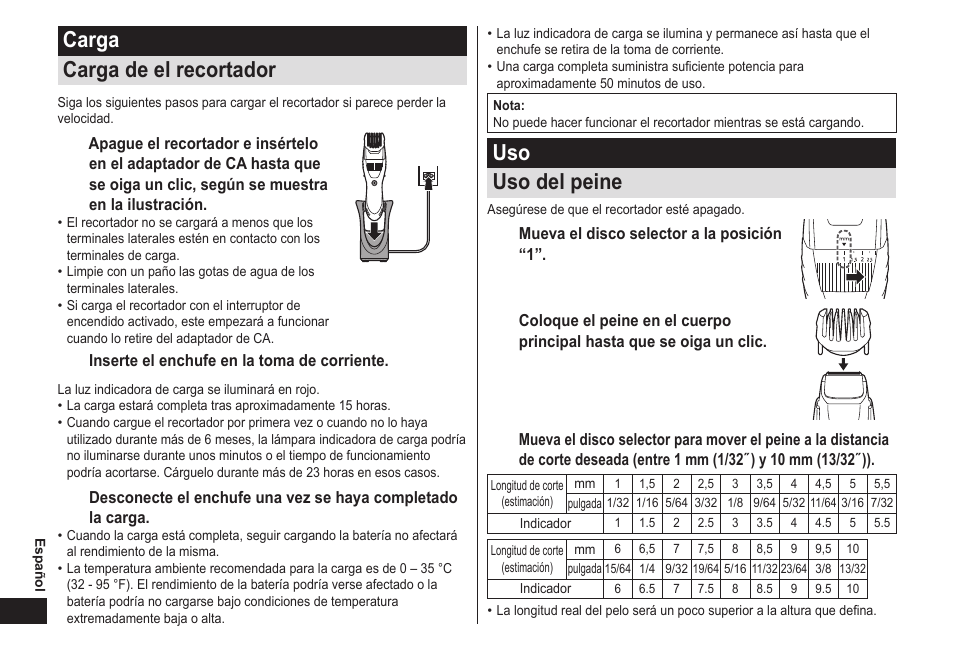 Carga cargadeelrecortador, Uso usodelpeine | Panasonic ER-GB40-S User Manual | Page 24 / 32
