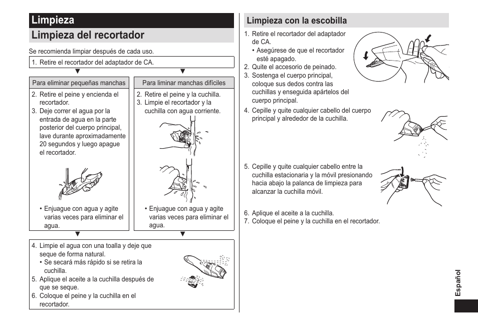 Limpieza limpiezadelrecortador, Limpiezaconlaescobilla | Panasonic ER-GB40-S User Manual | Page 27 / 32