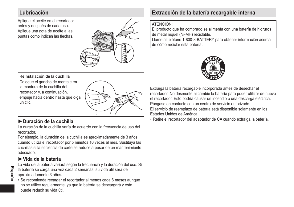 Lubricación, Extraccióndelabateríarecargableinterna | Panasonic ER-GB40-S User Manual | Page 28 / 32