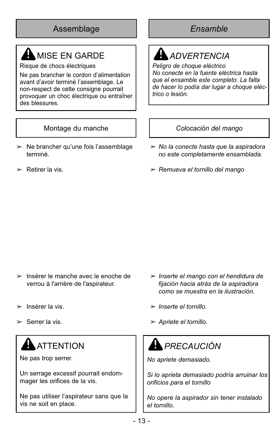 Assemblage, Ensamble, Assemblage mise en garde | Ensamble advertencia, Attention, Precaución | Panasonic MC-UG323 User Manual | Page 13 / 60