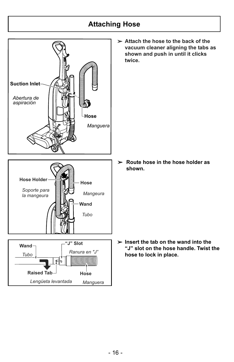 Attaching hose | Panasonic MC-UG323 User Manual | Page 16 / 60