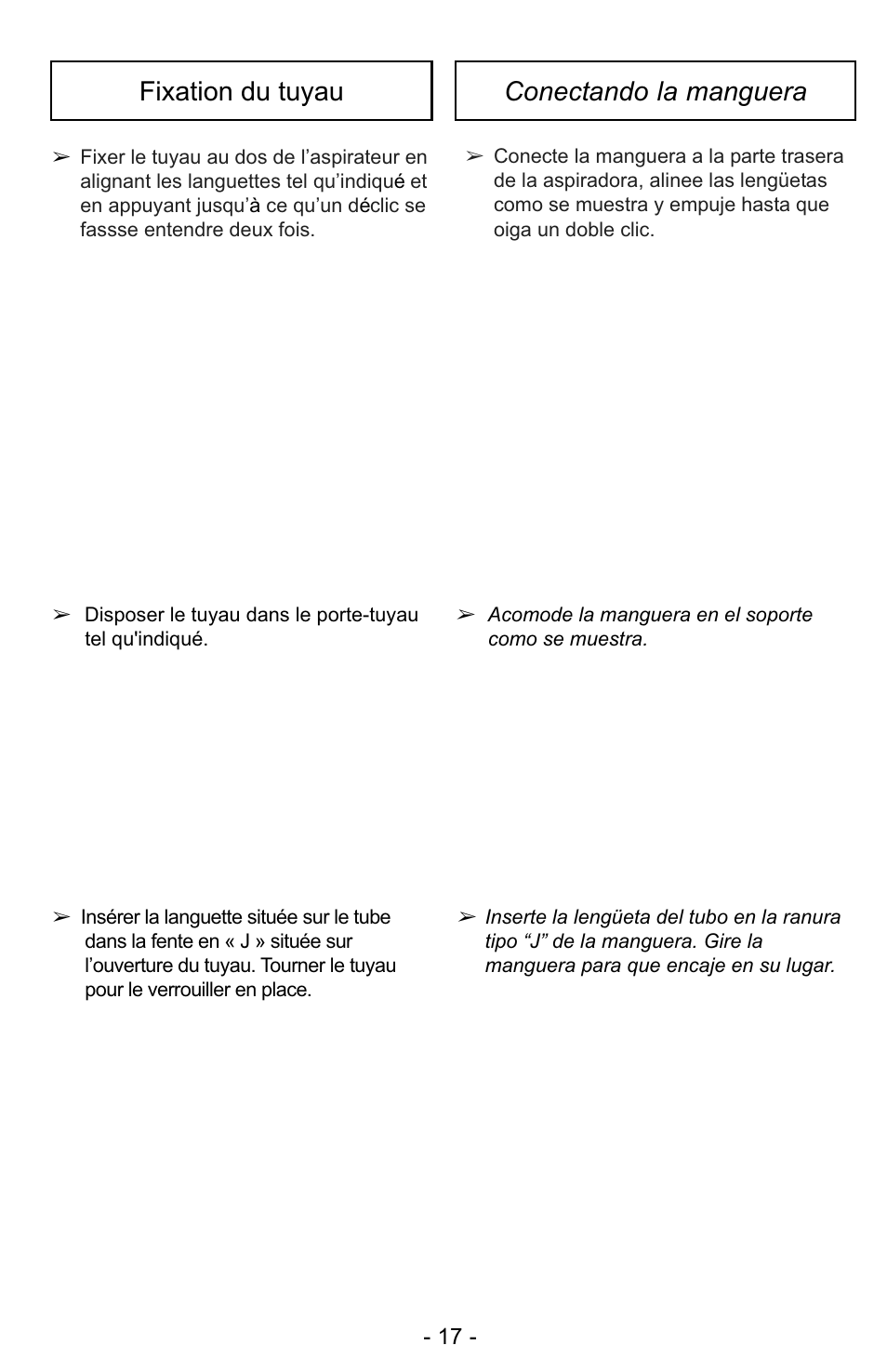 Fixation du tuyau conectando la manguera | Panasonic MC-UG323 User Manual | Page 17 / 60