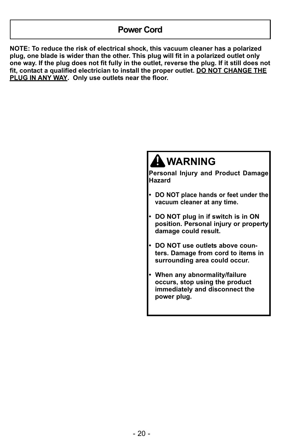 Warning, Power cord | Panasonic MC-UG323 User Manual | Page 20 / 60